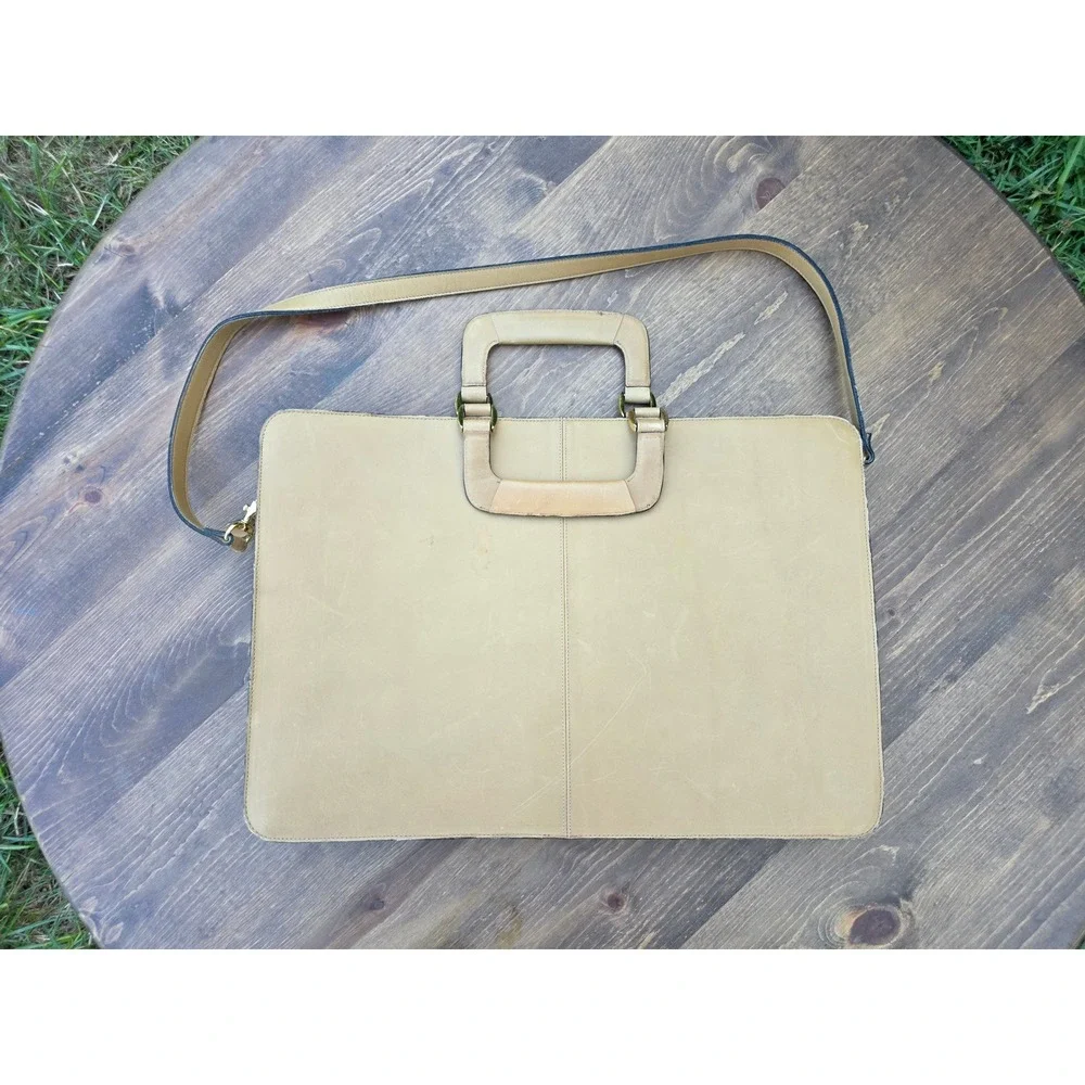Vintage Tan Genuine Leather Briefcase Portfolio Slim Laptop Bag Messenger Tan